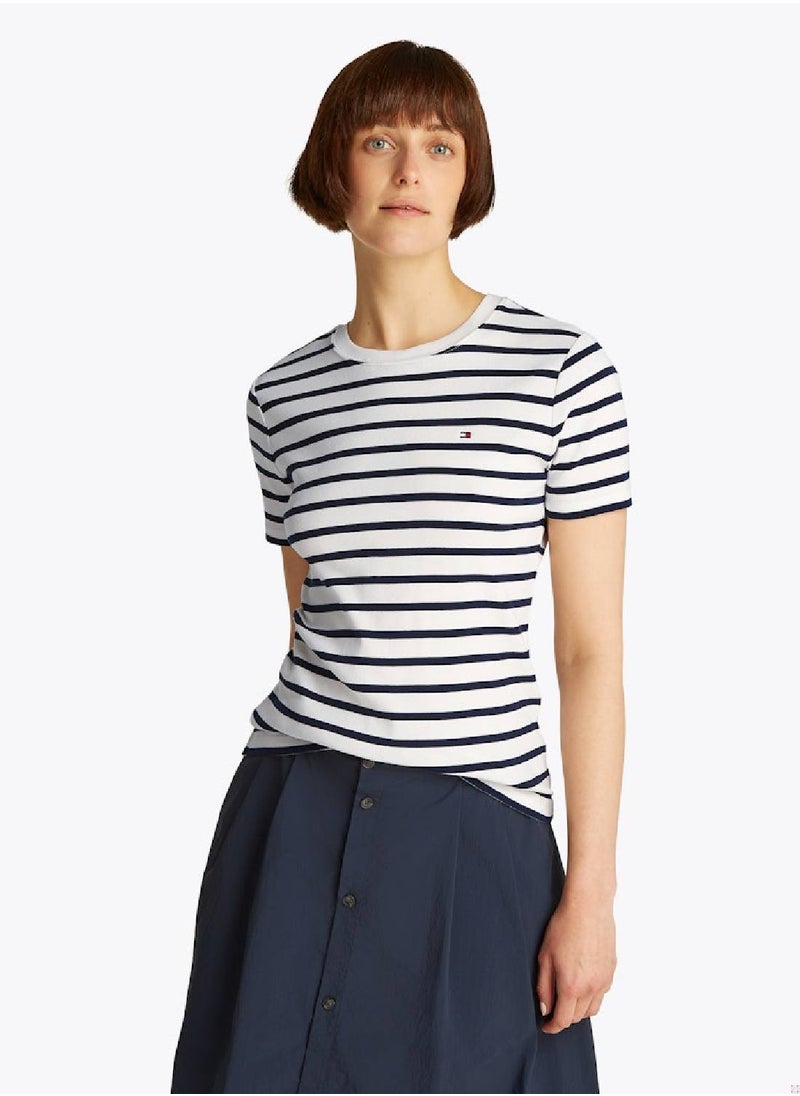 TOMMY HILFIGER - Women's Flag Embroidery Slim Fit T-Shirt - Cotton, White & Navy - Image 1