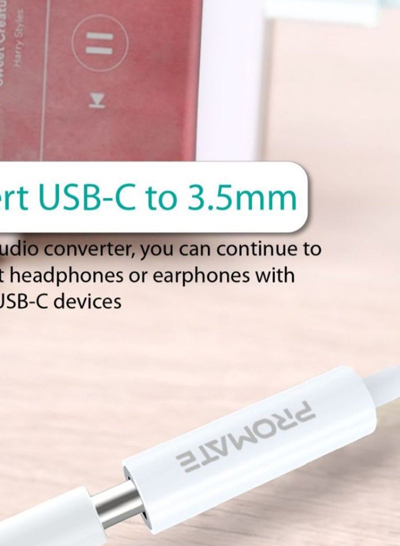 PROMATE USB-C™ to 3.5mm Adapter, Dynamic Stereo USB Type-C™ to 3.5mm Aux Microphone Connector Cable Adapter with High Definition Sound for UBC-C Devices, Music and Call White - Image 2