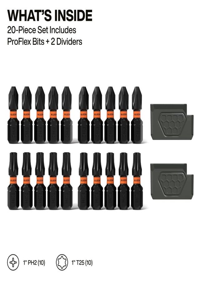 Klein Tools 33001S 20-Piece Impact Driver Bit Set, Slim PH2 T25 ProFlex Bit Set, MODbox Compatible Storage Case, Phillips and TORX Bits, Organizing Bin and Tray - Image 2