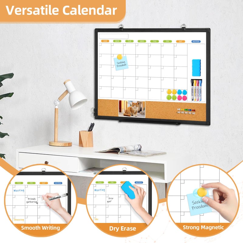 WALGLASS Dry Erase Calendar Whiteboard for Wall, WALGLASS 24" x 18" Double-Sided Monthly Calendar White Board Cork Combo, Black Aluminum Frame Hanging Wall Mounted Bulletin Corkboards for Home, Office, School - Image 2