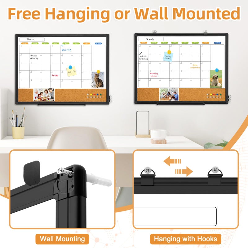 WALGLASS Dry Erase Calendar Whiteboard for Wall, WALGLASS 24" x 18" Double-Sided Monthly Calendar White Board Cork Combo, Black Aluminum Frame Hanging Wall Mounted Bulletin Corkboards for Home, Office, School - Image 5