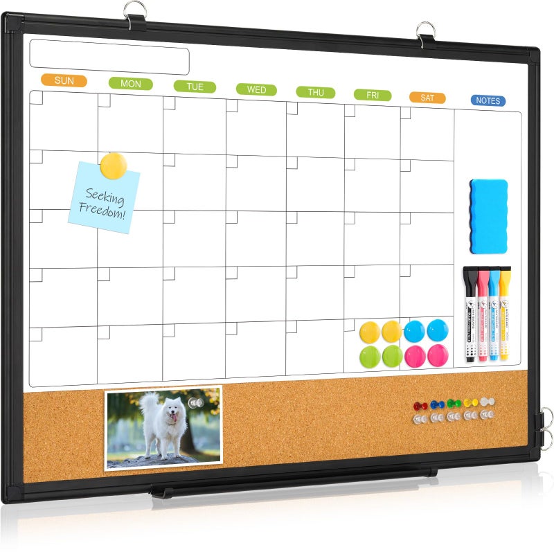 WALGLASS Dry Erase Calendar Whiteboard for Wall, WALGLASS 24" x 18" Double-Sided Monthly Calendar White Board Cork Combo, Black Aluminum Frame Hanging Wall Mounted Bulletin Corkboards for Home, Office, School - Image 1