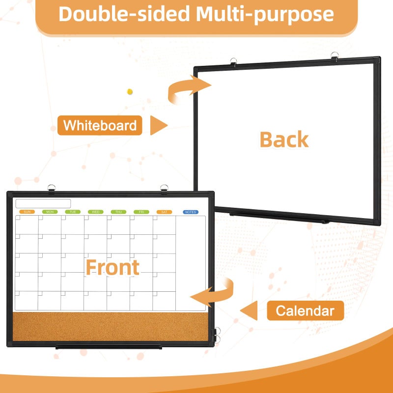 WALGLASS Dry Erase Calendar Whiteboard for Wall, WALGLASS 24" x 18" Double-Sided Monthly Calendar White Board Cork Combo, Black Aluminum Frame Hanging Wall Mounted Bulletin Corkboards for Home, Office, School - Image 3