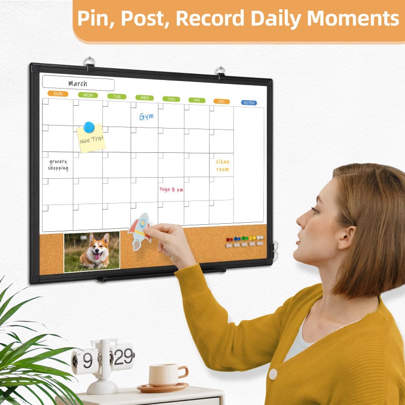 WALGLASS Dry Erase Calendar Whiteboard for Wall, WALGLASS 24" x 18" Double-Sided Monthly Calendar White Board Cork Combo, Black Aluminum Frame Hanging Wall Mounted Bulletin Corkboards for Home, Office, School - Image 4