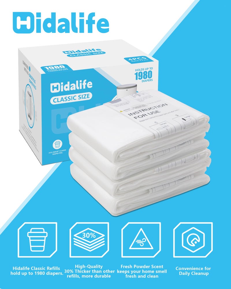 HIDALIFE إعادة تعبئة HIDALIFE متوافقة مع سلات حفاضات ديكور الكلاسيكية، أكياس قمامة حفاضات قابلة للتخلص، بطانات إعادة تعبئة سلات الحفاضات السميكة، تحمل حتى 1980 حفاضات (4 عبوات) - Image 5