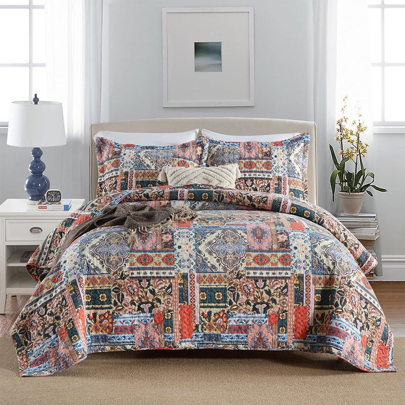 VISIMISI Cotton Bedspread Quilt Sets Reversible Coverlet Sets Comforters Vintage Bohemian Patchwork Bedspread Bedding SetsGorgeous Bohemian FloralKing Size