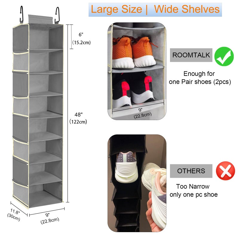 roomtalk Large-Sized Hanging Shoe Organizer 8-Shelf, Hanging Closet Organizer with 8 Side Pockets, Wider Hanging Shelves for Storage Shoes Clothes 9" W × 11.8" D× 48" H, Grey - Image 2