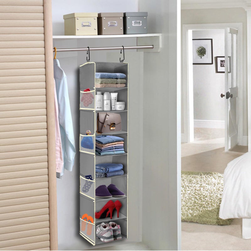 roomtalk Large-Sized Hanging Shoe Organizer 8-Shelf, Hanging Closet Organizer with 8 Side Pockets, Wider Hanging Shelves for Storage Shoes Clothes 9" W × 11.8" D× 48" H, Grey - Image 4