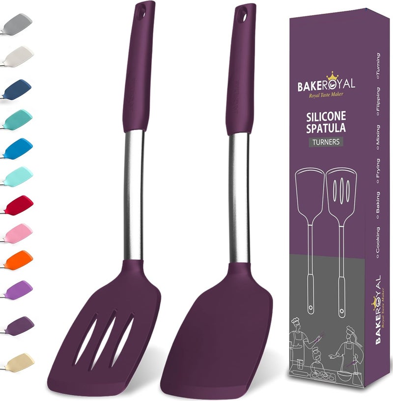 BAKEROYAL Silicone Spatula Set - Turner Spatulas Silicone Heat Resistant 600°F - Slotted & Solid Spatula for Cooking Fish, Eggs, Pancakes Flipper – Spatulas for kitchen use – Berry - Image 1