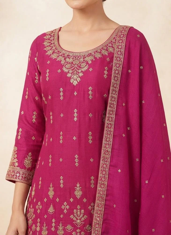 Viny VINY Rani Pink 3-Piece Embroidered Suit Set – Women's Indian Ethnic Wear