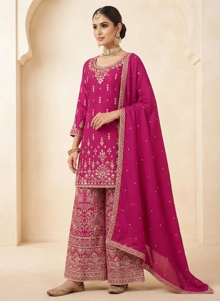 Viny VINY Rani Pink 3-Piece Embroidered Suit Set – Women's Indian Ethnic Wear