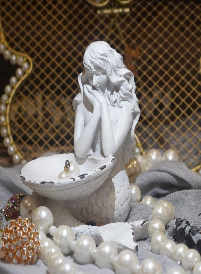 SOFFEE DESIGN Rustic White Jewelry Tray Mermaid Shell Dish, Vintage Small Figurine Ring Holder, Collectible Personal Ornament Plate for Necklaces, Earrings, Trinket - Mermaid Shape Organizer - Image 2