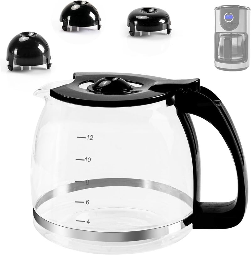إبريق زجاجي بسعة 12 كوب ��ابل للاستبدال لأجهزة تحضير القهوة من ماركات Mr Coffee، Black & Decker، Hamilton Beach، KitchenAid، وغيرها؛ سعة الإبريق 1.8 لتر، مزود بمقبض و3 أغطية قابلة للتثبيت بسهولة بأحجام مختلفة. - Image 1