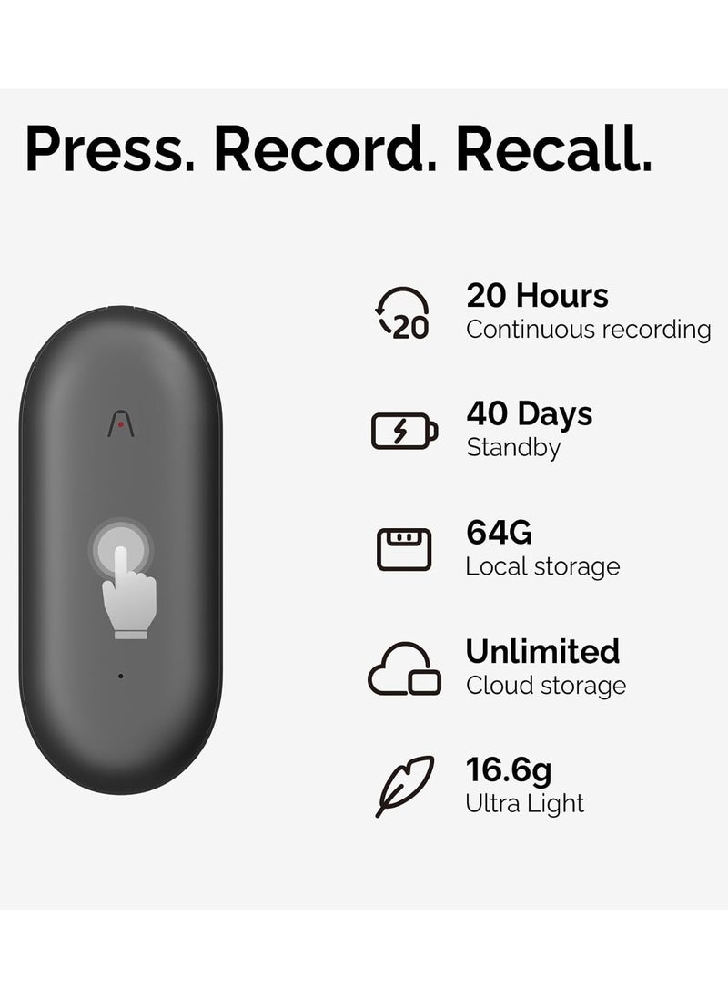 AI Voice Recorder, PLAUD NotePIN Voice Recorder, App Control, Transcribe & Summarize Empowered by ChatGPT, Support 59 Languages, 64GB Memory, Gray