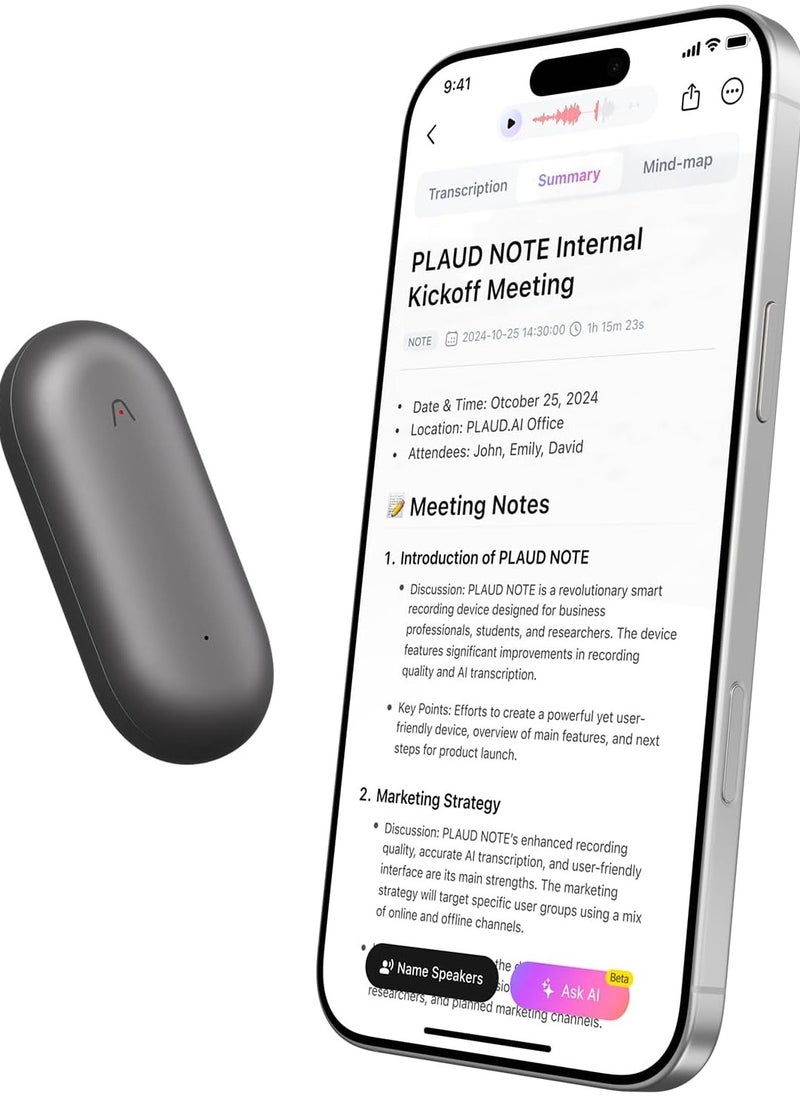 AI Voice Recorder, PLAUD NotePIN Voice Recorder, App Control, Transcribe & Summarize Empowered by ChatGPT, Support 59 Languages, 64GB Memory, Gray
