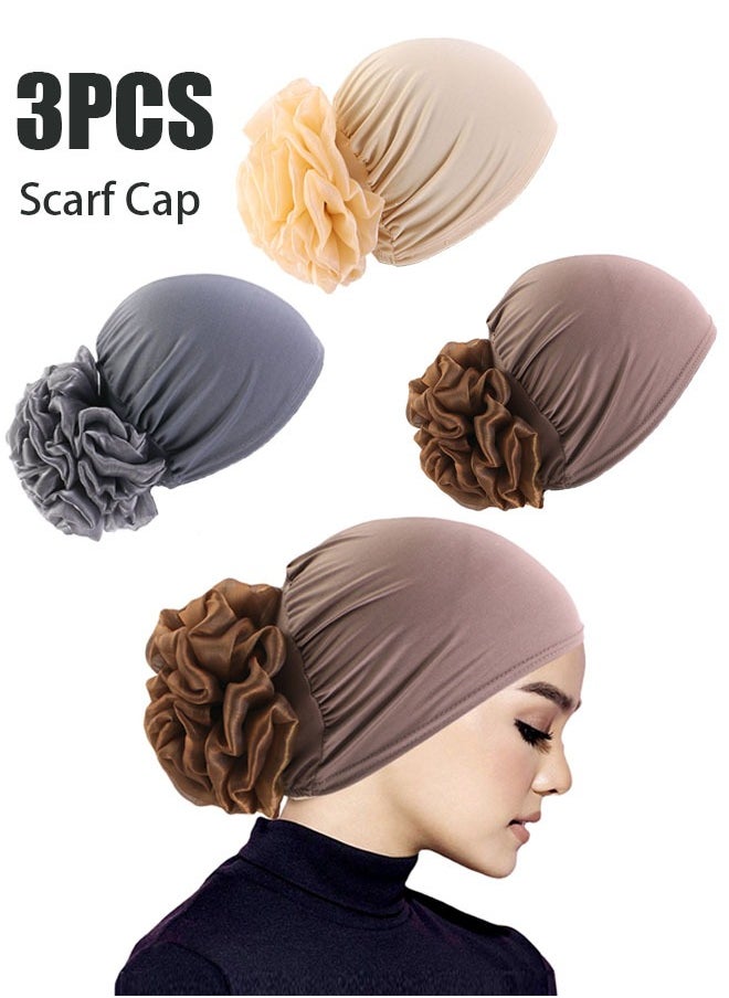 زفيف 3pcs النساء تحت الوشاح قبعة قبعة العظم بونيت الحجاب الإسلامي المسلم ， Undercap الرأس لفات قبعة قبعة مع زخرفة الأزهار قبعة الحجاب للنساء الفتيات  - Image 1