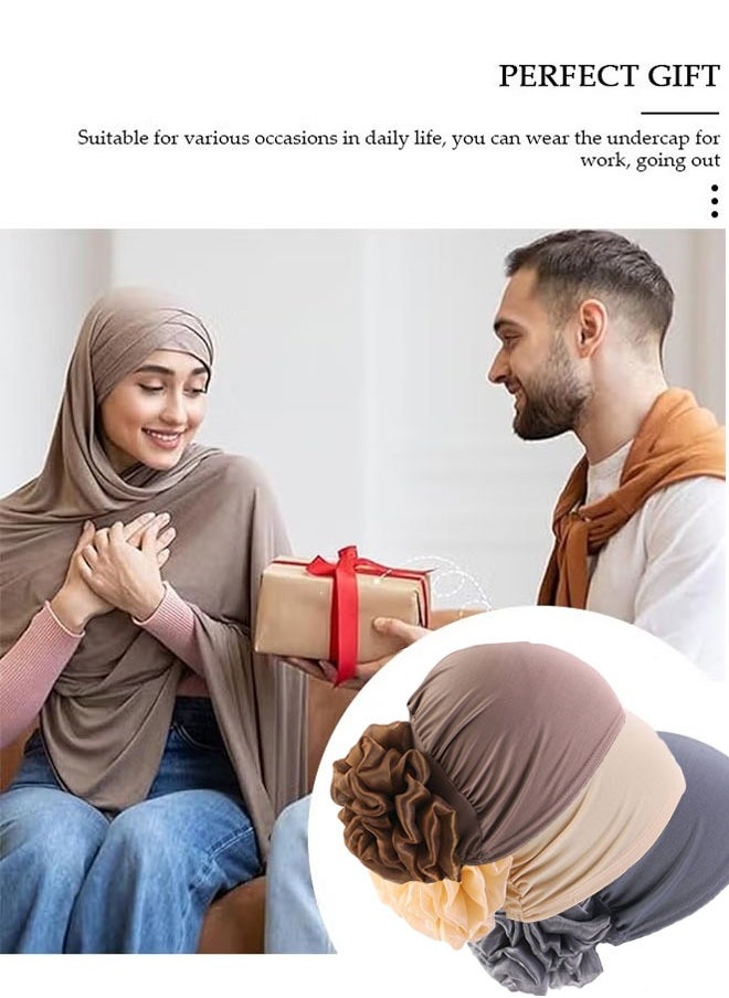 زفيف 3pcs النساء تحت الوشاح قبعة قبعة العظم بونيت الحجاب الإسلامي المسلم ， Undercap الرأس لفات قبعة قبعة مع زخرفة الأزهار قبعة الحجاب للنساء الفتيات  - Image 4