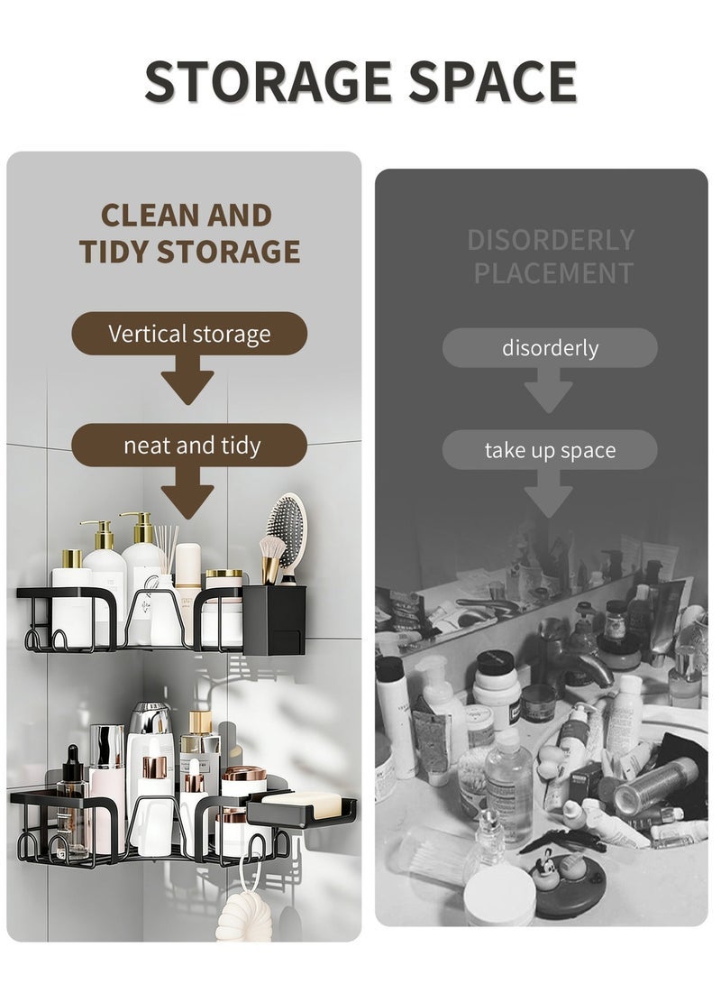Genie Jar Bathroom Corner Shelf Organizer, 2 Tier Shower Caddy with No Drilling Wall Mount, Corner Storage Rack with Soap Holder & Toothbrush Cup, Space Saving Bathroom Shelf - Image 2