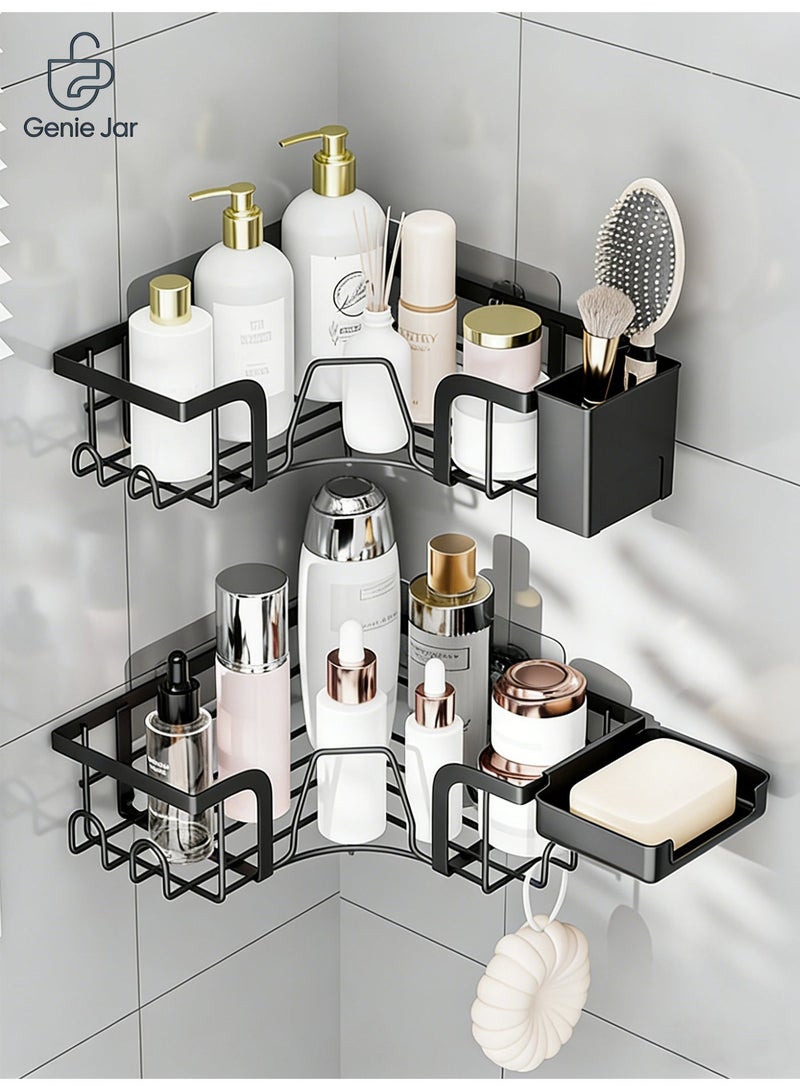 Genie Jar Bathroom Corner Shelf Organizer, 2 Tier Shower Caddy with No Drilling Wall Mount, Corner Storage Rack with Soap Holder & Toothbrush Cup, Space Saving Bathroom Shelf - Image 1