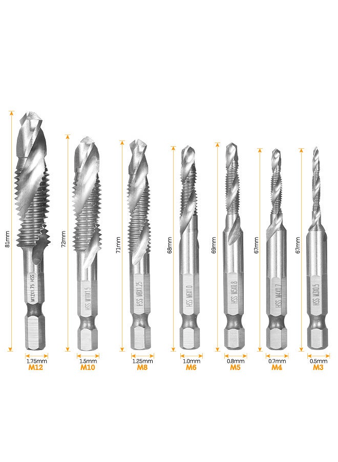 7Pcs Combination Drill and Tap Set Metric Thread HSS M3-M12 Screw Tapping bit Tool Quick Change 1/4in Hex Shank