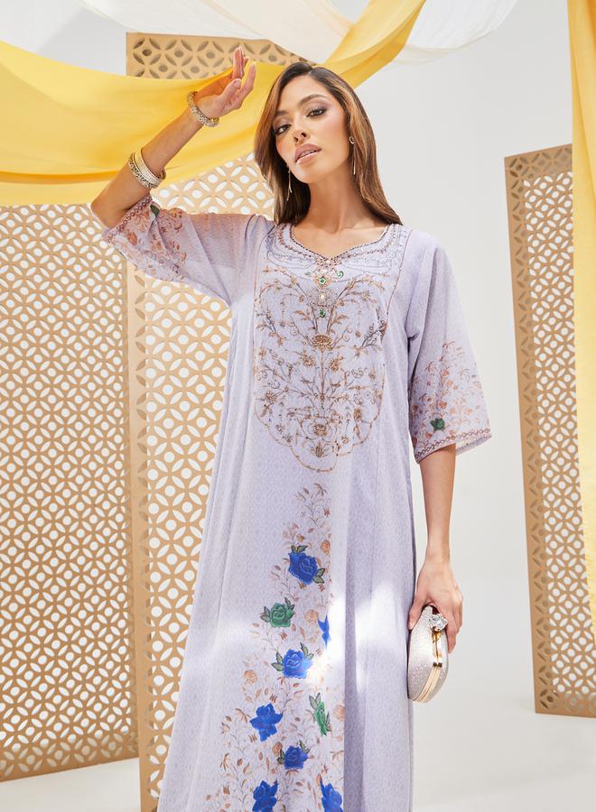 Styli Printed Short Sleeve Jalabiya with Embellishment  - Image 3