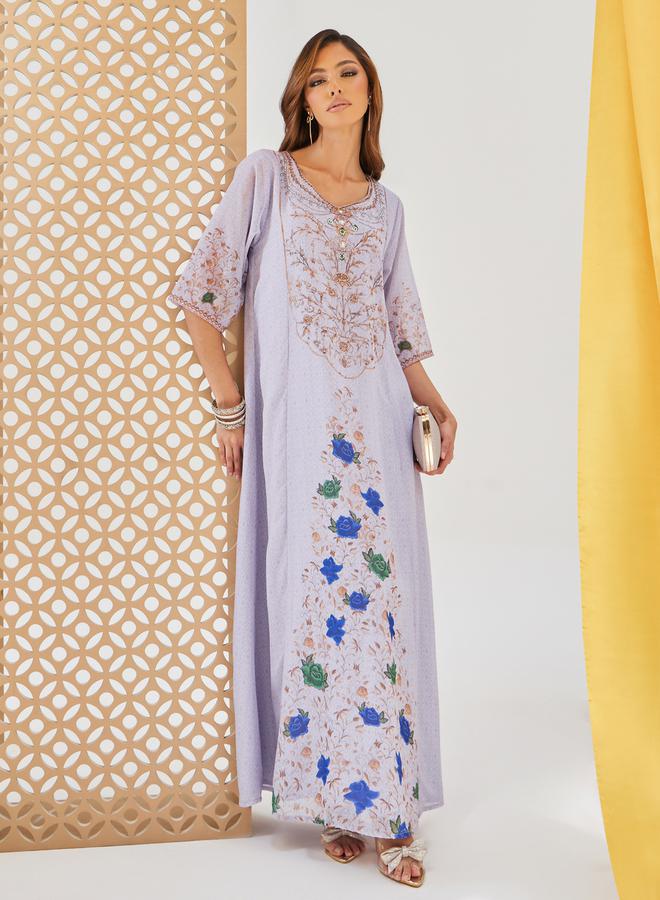 Styli Printed Short Sleeve Jalabiya with Embellishment  - Image 1