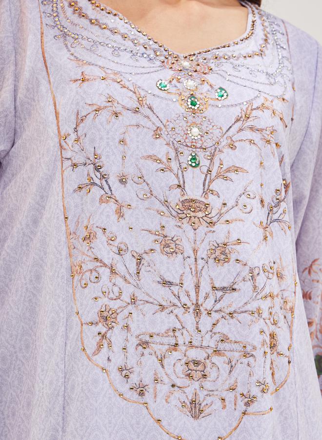 Styli Printed Short Sleeve Jalabiya with Embellishment  - Image 4