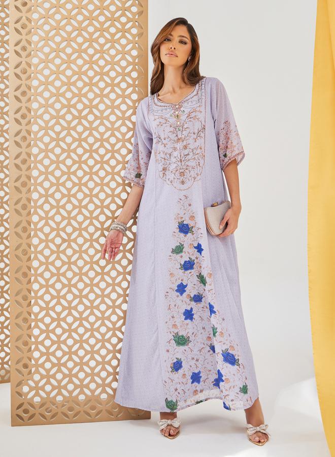 Styli Printed Short Sleeve Jalabiya with Embellishment  - Image 2