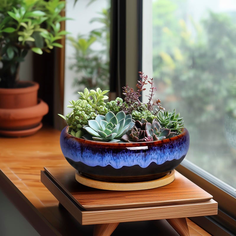 SQOWL 7 Inch Round Ceramic Succulent Planter Pot Drip Glazed Shallow Planter with Drainage Bamboo Tray for Indoor Plants - Image 3