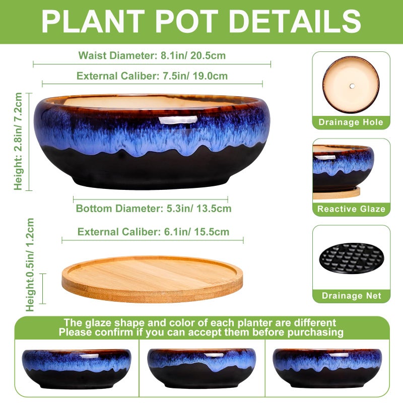 SQOWL 7 Inch Round Ceramic Succulent Planter Pot Drip Glazed Shallow Planter with Drainage Bamboo Tray for Indoor Plants - Image 2