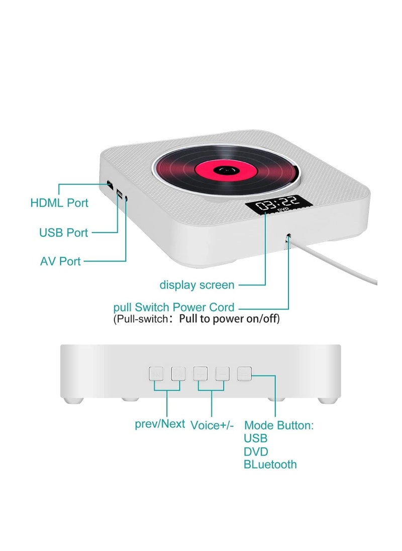 Generic - Portable Bluetooth CD Player,Wall Mountable CD/DVD Player for Home with Remote Control Dust Cover LCD Display Built-in HiFi Speakers FM Radio,Support CD/DVD/MP3/USB/AUX Input Output (White) - Image 1