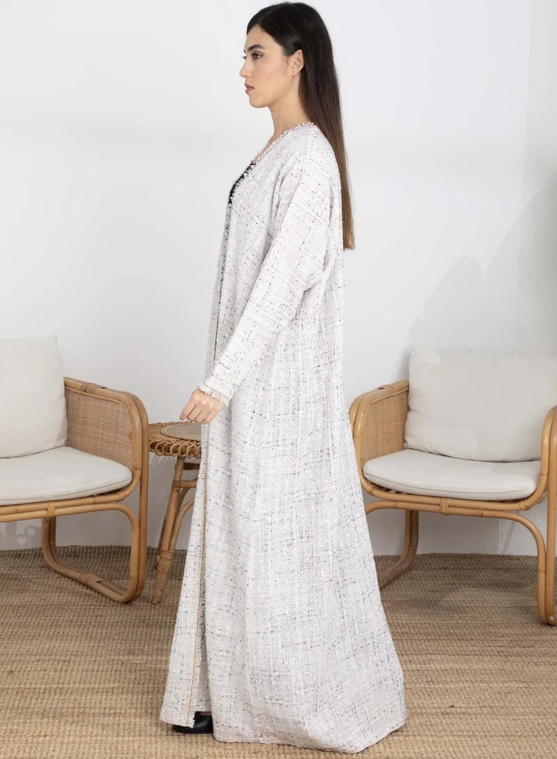 MSquare Fashion Off-White Winter Tweed Abaya with Multicolor Thread Details with Headscarf