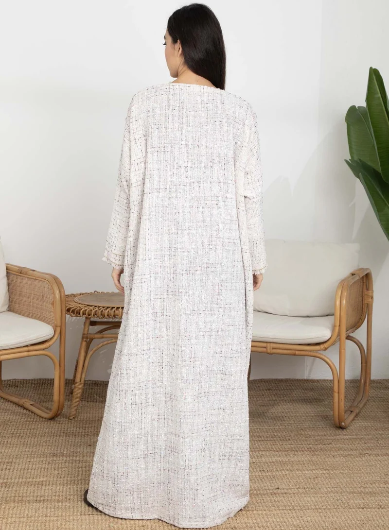 MSquare Fashion Off-White Winter Tweed Abaya with Multicolor Thread Details with Headscarf