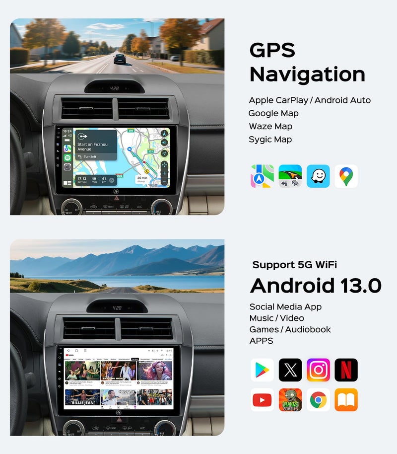 RUICAR 64G Car Stereo Radio for Toyota Camry 2012-2014, 10.2" IPS HD Touch Screen Wireless CarPlay Android Auto/WiFi/GPS/FM/SWC/Bluetooth/1080P Backup Camera - Image 5