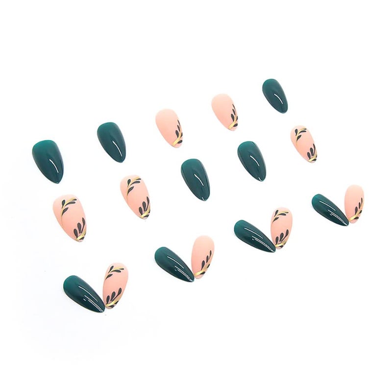 RikView Fall Press on Nails Long Acrylic Almond Fake Green Full Cover For Women - Image 3