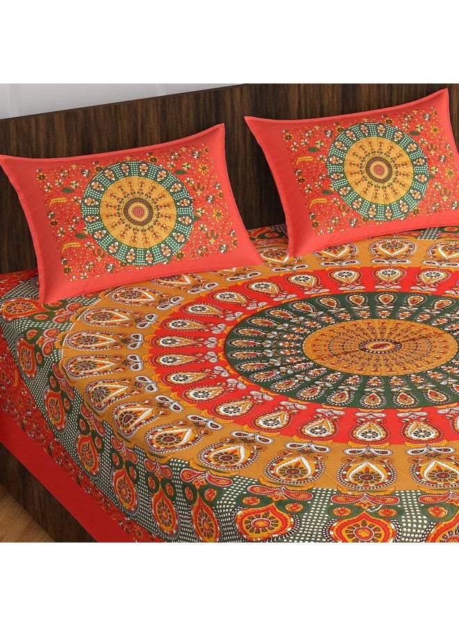 BedZone 100% Cotton Rajasthani Jaipuri Traditional Floral King Size Double Bedsheet with 2 Pillow Covers - Red Mirchi - Image 1