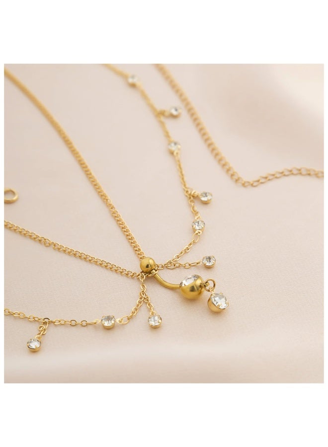 حلقة زر البطن الكريستالية متعددة الطبقات مع سلسلة خصر بيكيني حجر الراين ثقب السرة حلقات زر البطن المتدلية سلسلة الخصر سلسلة الجسم البطن المثيرة مجوهرات للنساء - Image 3