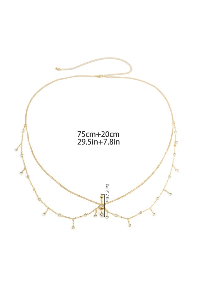 حلقة زر البطن الكريستالية متعددة الطبقات مع سلسلة خصر بيكيني حجر الراين ثقب السرة حلقات زر البطن المتدلية سلسلة الخصر سلسلة الجسم البطن المثيرة مجوهرات للنساء - Image 2