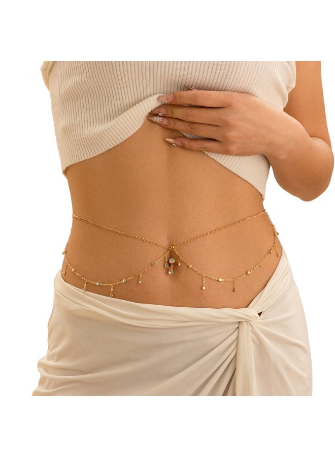 حلقة زر البطن الكريستالية متعددة الطبقات مع سلسلة خصر بيكيني حجر الراين ثقب السرة حلقات زر البطن المتدلية سلسلة الخصر سلسلة الجسم البطن المثيرة مجوهرات للنساء - Image 4