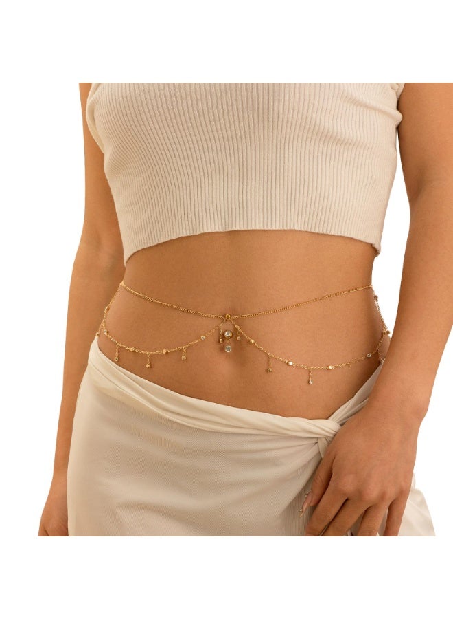 حلقة زر البطن الكريستالية متعددة الطبقات مع سلسلة خصر بيكيني حجر الراين ثقب السرة حلقات زر البطن المتدلية سلسلة الخصر سلسلة الجسم البطن المثيرة مجوهرات للنساء - Image 1