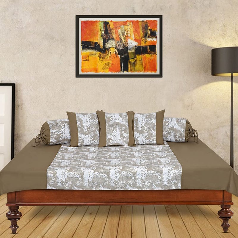 Dekor World Dekor World 6 Piece Cotton Printed Grey Autumn Leaf Collection Diwan Set for Living Room150x175 cm1 Piece Diwan Sheet 3 Piece Cushion Cover 2 Piece Bolster Cover  - Image 1