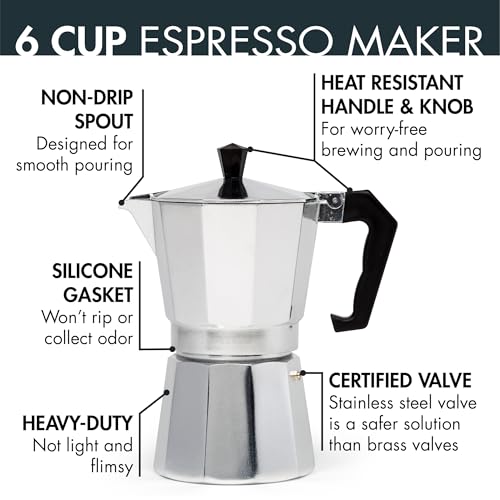 Primula Classic Stovetop Espresso and Coffee Maker, Moka Pot for Italian and Cuban Café Brewing, Greca Coffee Maker, Cafeteras, 6 Espresso Cups, Silver - Image 2