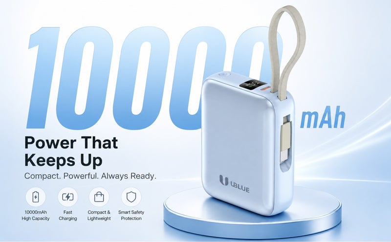يوبلو شاحن UBLUE سريع الشحن بسعة 10000 مللي أمبير، وشاحن USB-C محمول بقوة 35 واط، وبطارية مدمجة لأجهزة iPhone وSamsung Galaxy وiPad وAirPods، باللون الأزرق - Image 2