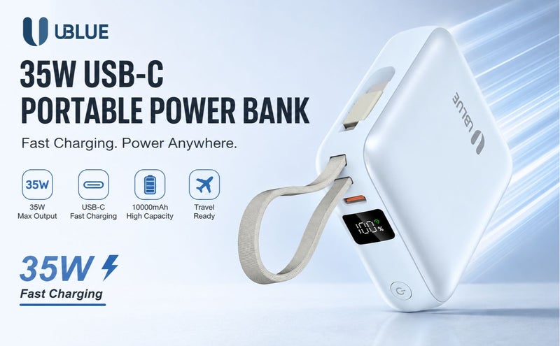 يوبلو شاحن UBLUE سريع الشحن بسعة 10000 مللي أمبير، وشاحن USB-C محمول بقوة 35 واط، وبطارية مدمجة لأجهزة iPhone وSamsung Galaxy وiPad وAirPods، باللون الأزرق - Image 3