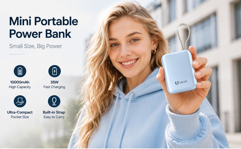 يوبلو شاحن UBLUE سريع الشحن بسعة 10000 مللي أمبير، وشاحن USB-C محمول بقوة 35 واط، وبطارية مدمجة لأجهزة iPhone وSamsung Galaxy وiPad وAirPods، باللون الأزرق - Image 4