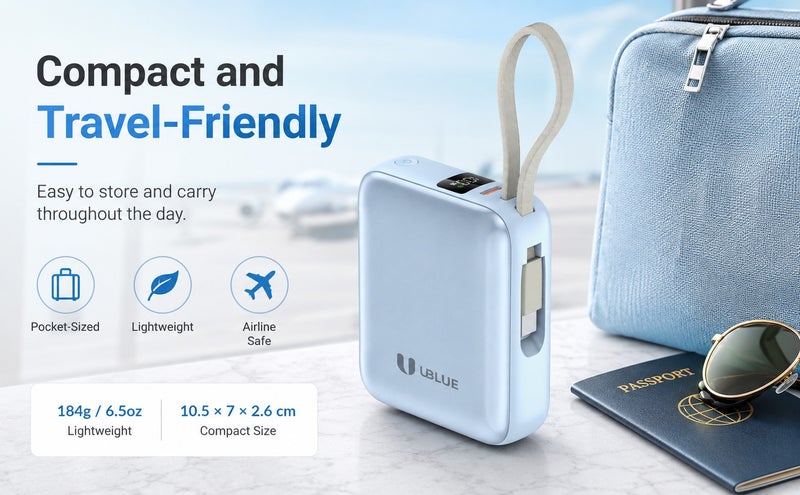 يوبلو شاحن UBLUE سريع الشحن بسعة 10000 مللي أمبير، وشاحن USB-C محمول بقوة 35 واط، وبطارية مدمجة لأجهزة iPhone وSamsung Galaxy وiPad وAirPods، باللون الأزرق - Image 5