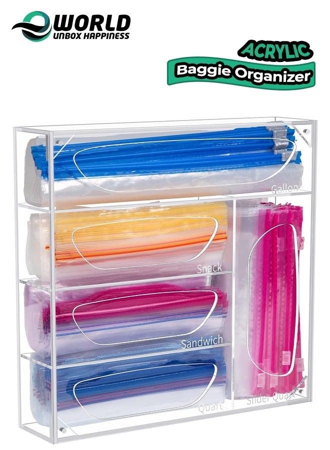 Eworld Clear Acrylic Food Bag Storage Organizer, Easy-Access Freezer Bag Dispenser with 5 Compartments, Magnetic Closure, and Laser-Engraved Labels for Gallon, Snack, Sandwich, Quart, and Slider Quart Bags. - Image 1