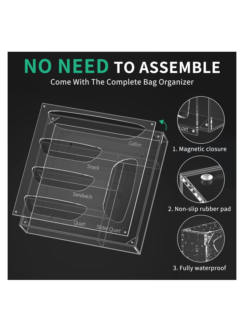 Eworld Clear Acrylic Food Bag Storage Organizer, Easy-Access Freezer Bag Dispenser with 5 Compartments, Magnetic Closure, and Laser-Engraved Labels for Gallon, Snack, Sandwich, Quart, and Slider Quart Bags. - Image 3