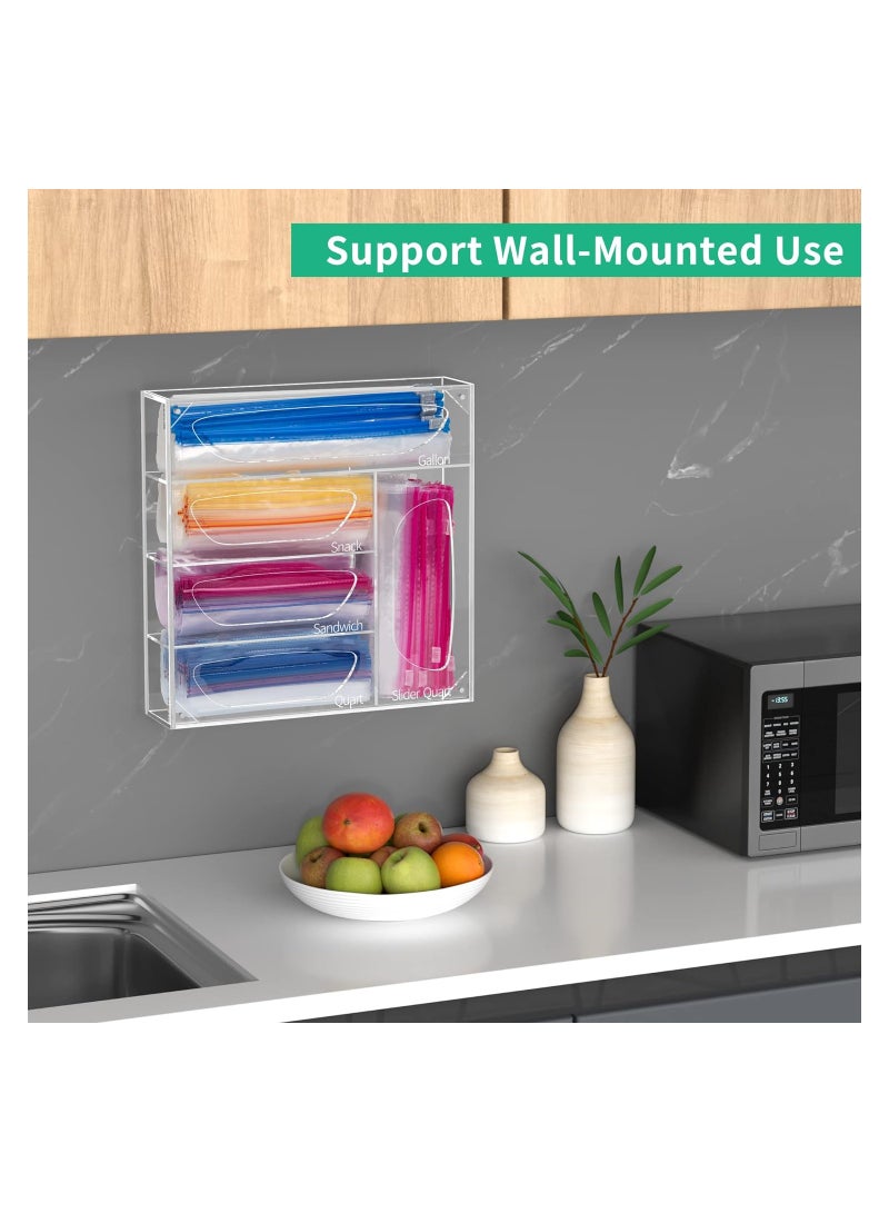 Eworld Clear Acrylic Food Bag Storage Organizer, Easy-Access Freezer Bag Dispenser with 5 Compartments, Magnetic Closure, and Laser-Engraved Labels for Gallon, Snack, Sandwich, Quart, and Slider Quart Bags. - Image 5