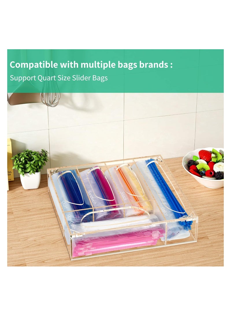 Eworld Clear Acrylic Food Bag Storage Organizer, Easy-Access Freezer Bag Dispenser with 5 Compartments, Magnetic Closure, and Laser-Engraved Labels for Gallon, Snack, Sandwich, Quart, and Slider Quart Bags. - Image 4